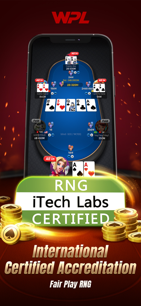 WPL poker app interface showing RNG certification and fair play accreditation.
