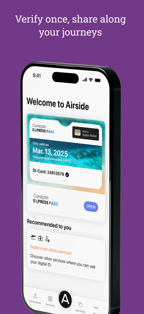 Airside Digital Identity app interface showing a Curacao Express Pass on a mobile screen