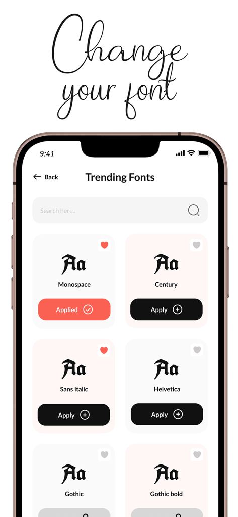 Font maker - Keyboard Fonts - Font Maker app interface showing trending font styles and apply buttons