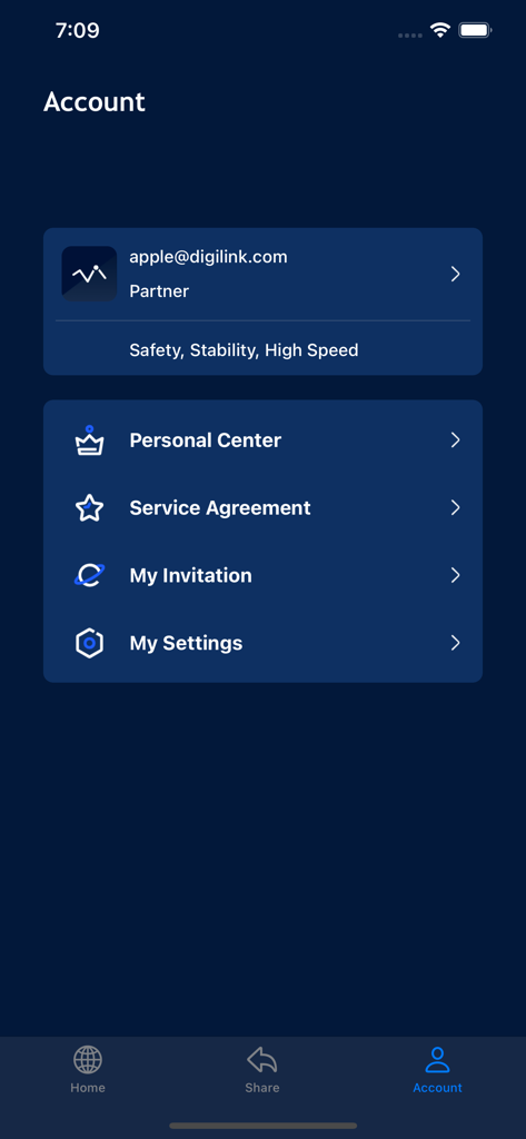 Digilink-Protect your privacy - Digilink account screen with profile information and navigation menu.