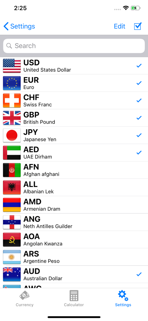 Currency - Exchange Rates - Settings menu showing a list of world currencies and flags to select for conversion