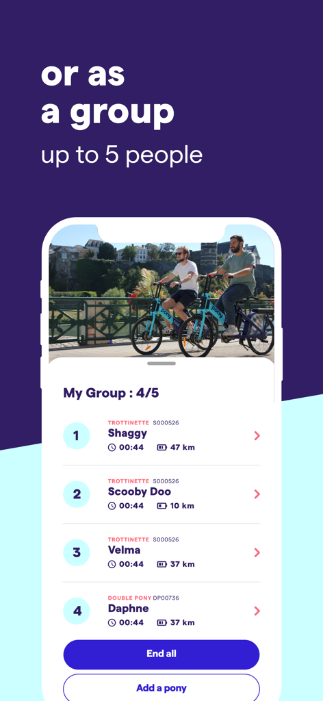 Pony app screen showing the group ride feature with four active scooter rentals.