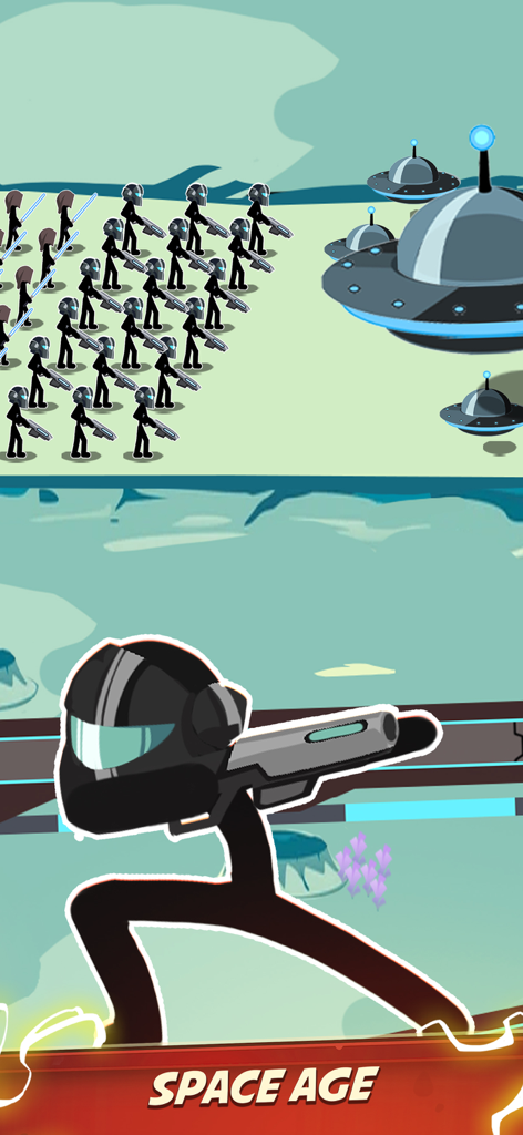 Stickman army in futuristic armor battling UFOs in the Space Age