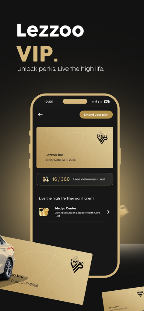 Lezzoo:Food & Grocery Delivery - Lezzoo VIP membership interface showing loyalty perks and free delivery tracker