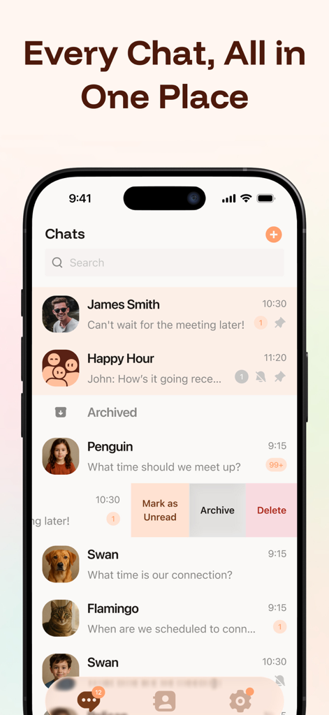 Intent: Closer Across Language - La pantalla de lista de chats de la aplicación Intent que muestra múltiples conversaciones con el titular Cada chat, todo en un solo lugar