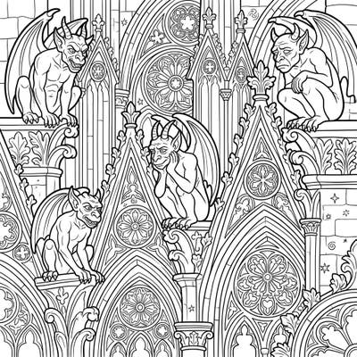 Explore the dark elegance of Gothic architecture with this stunning coloring page featuring intricate cathedral gargoyles. Immerse yourself in a world of mystery and bring these mythical protectors to life with your unique palette.