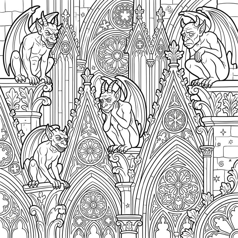 Explore the dark elegance of Gothic architecture with this stunning coloring page featuring intricate cathedral gargoyles. Immerse yourself in a world of mystery and bring these mythical protectors to life with your unique palette.