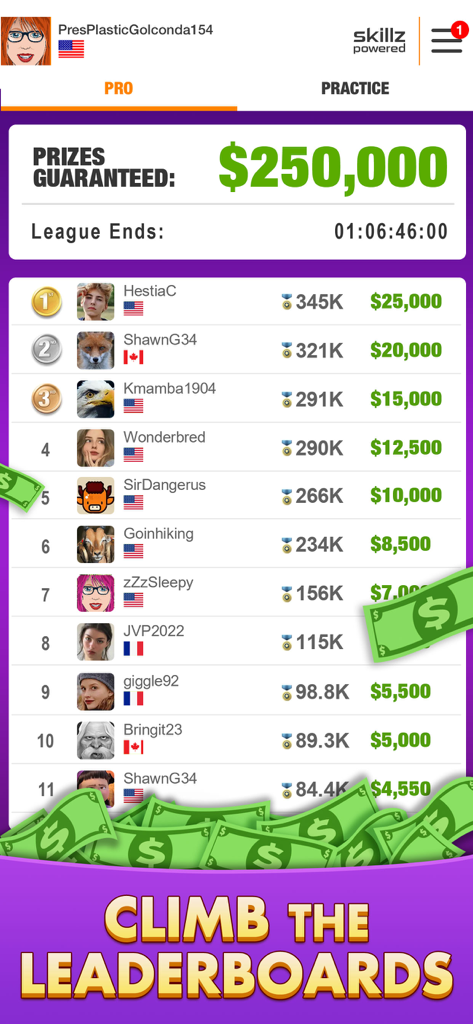 Classement de Bingo montrant les meilleurs joueurs et les prix en argent.