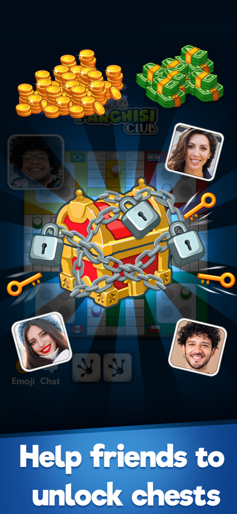 Parchis CLUB - Pro Ludo - Un cofre del tesoro cerrado con cadenas rodeado de monedas de oro y efectivo con el texto ayuda a tus amigos a desbloquear cofres