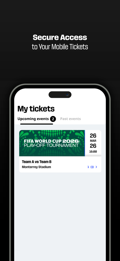 FWC26 Play-Off Mobile Tickets - Mobile app interface showing FIFA World Cup 2026 Play-Off Tournament tickets