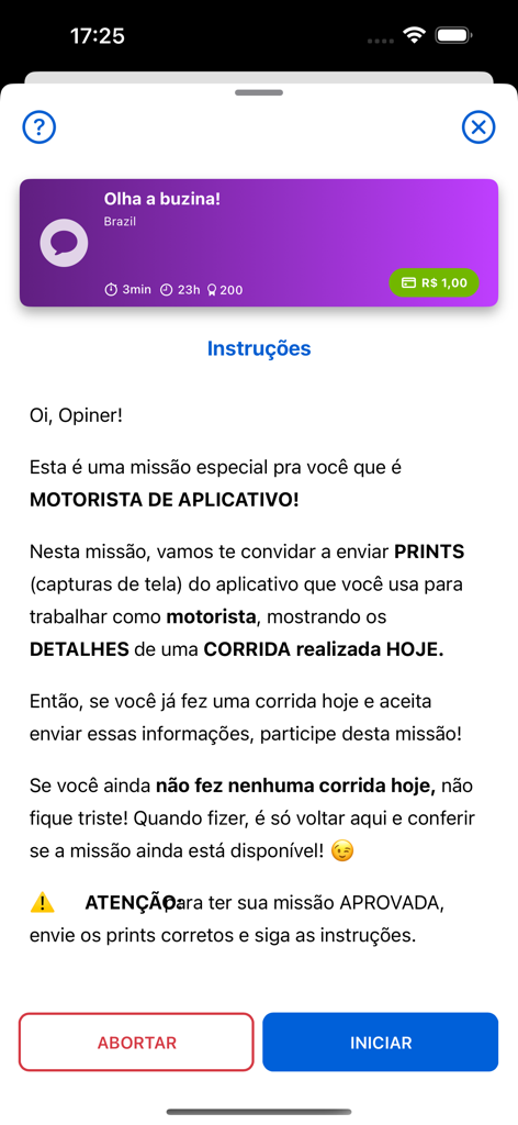 Tela do aplicativo PiniOn mostrando instruções para uma missão especial de motorista pedindo capturas de tela de viagens para ganhar recompensas.