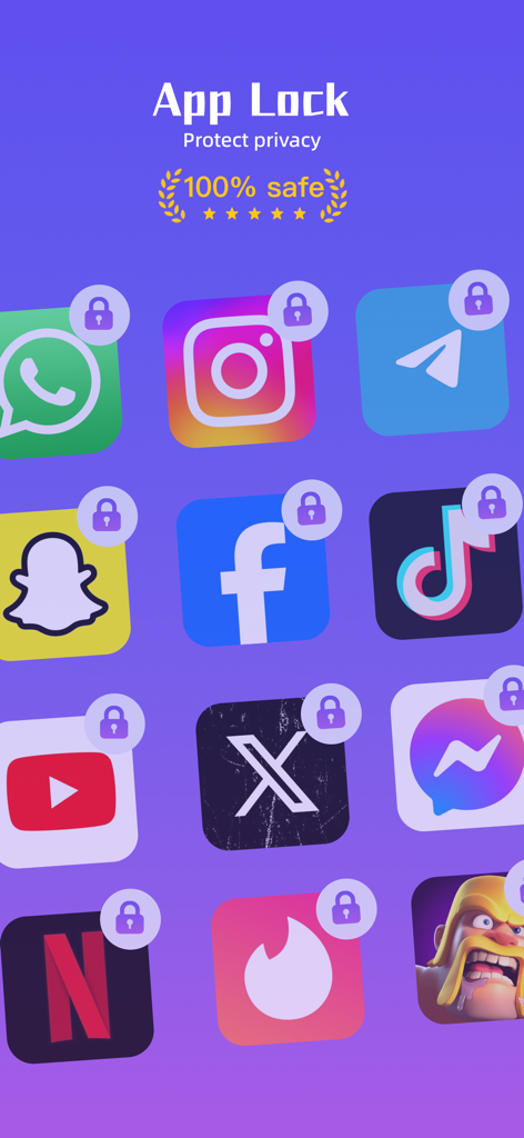 Inside - App Lock Manager - Uma tela de celular exibindo vários ícones de aplicativos de mídia social e entretenimento com símbolos de cadeado para representar recursos de bloqueio de aplicativos e proteção de privacidade.