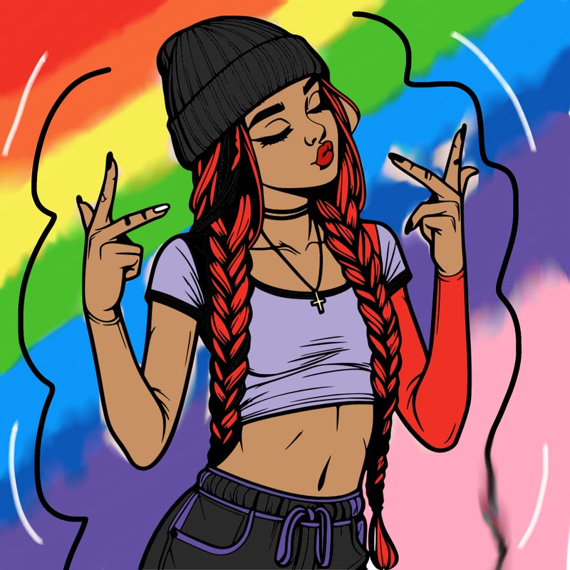 realistic teenage girl with braids and a beanie and crop top doing 🫶🏼