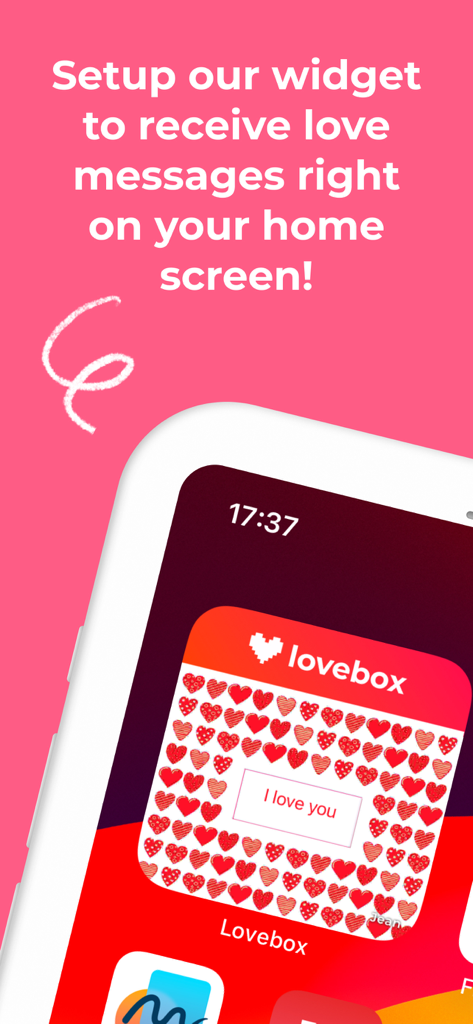 Loveboxアプリのホーム画面ウィジェットに、赤いハートに囲まれたロマンチックなメッセージが表示されています