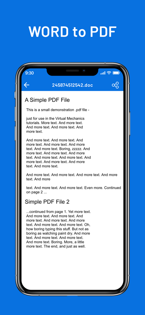 iPhone screen showing a Word to PDF converter app interface with a document preview