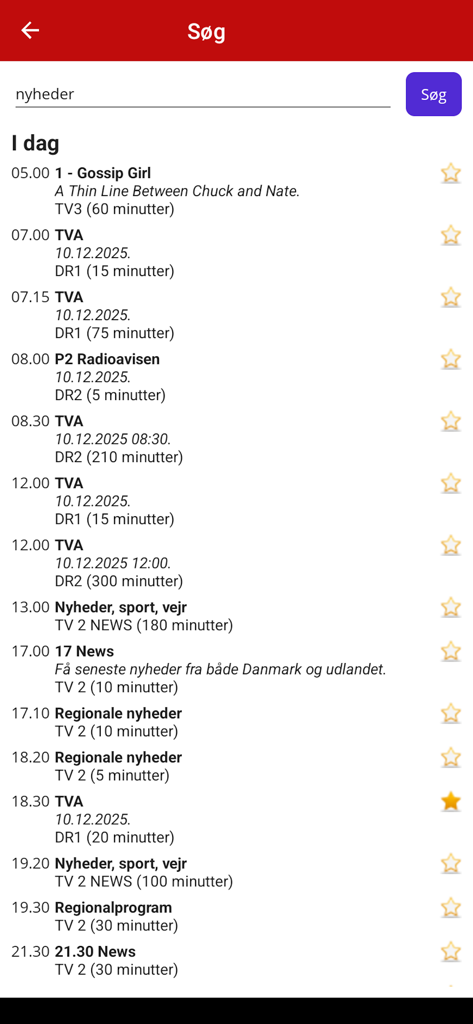 Search results for news programs in the Dansk TV Guide mobile application