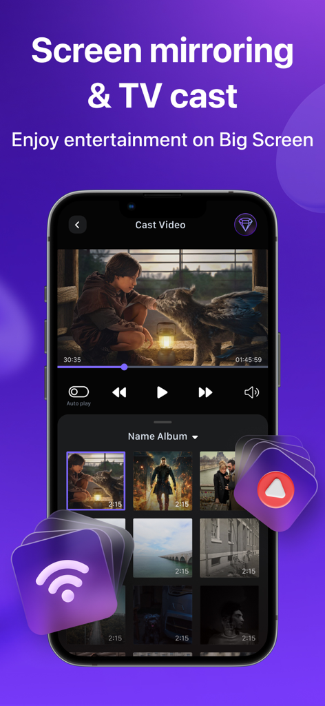 TV Remote for TV Universal - Interfaz de un smartphone mostrando la función de duplicación de pantalla y transmisión de video de la aplicación TV Remote.
