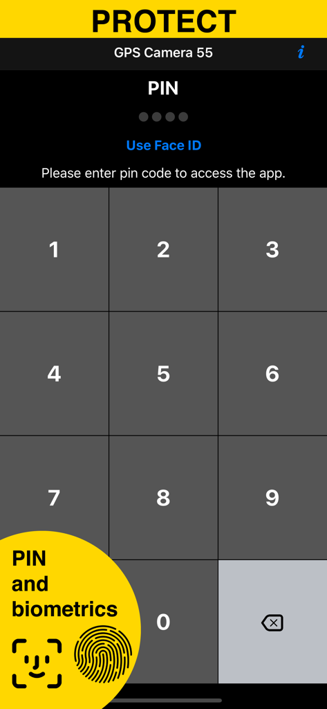 GPS Camera 55. Field Survey - Security screen with PIN and biometrics for GPS Camera 55 app