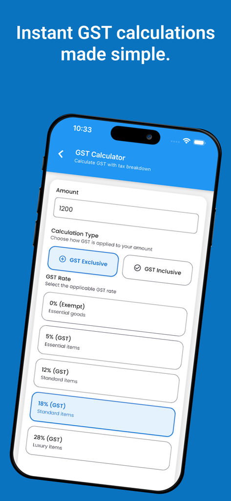 All In One Calculators - Pantalla de la calculadora de IVA con entrada de importe y opciones de tasa de impuestos