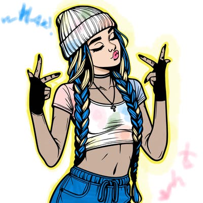realistic teenage girl with braids and a beanie and crop top doing 🫶🏼
