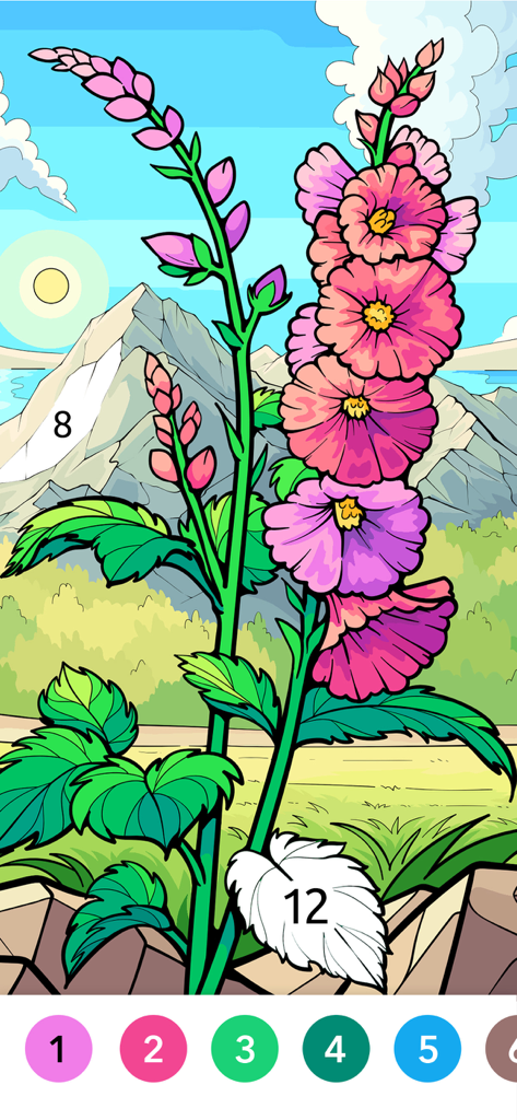 Digital color-by-number interface showing a tall floral illustration with pink and purple flowers against a mountain landscape background