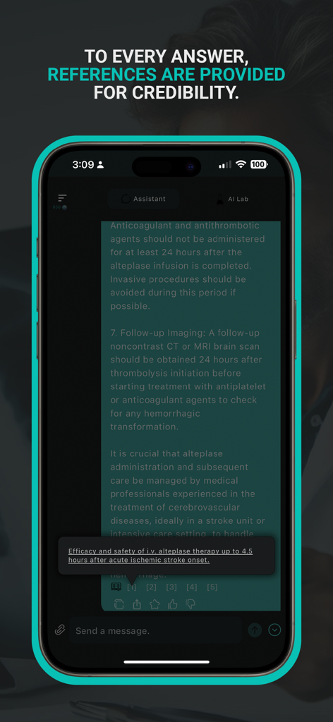 DoctorAI app interface displaying a medical explanation with a linked clinical reference for credibility.