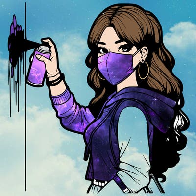 realistic girl with mask spray painting a wall