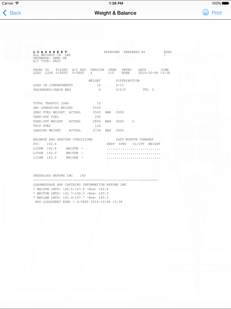 Pan Aero Weight and Balance Light Aircraft - Aviation loadsheet with weight and balance calculations for light aircraft
