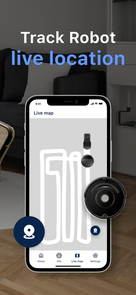 Interface of Robot iVacuum app showing the live location and cleaning path of a robot vacuum on a floor map.