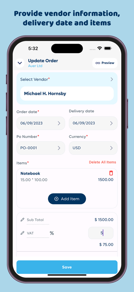 Interface do aplicativo mostrando detalhes do pedido de compra, incluindo nome do fornecedor, datas do pedido e subtotal detalhado