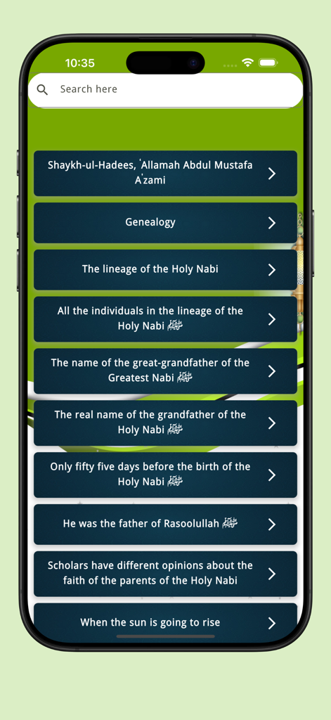 Seerate Mustafa Urdu Hindi Eng - Una pantalla de aplicación móvil que muestra una lista de capítulos del libro Seerate Mustafa en inglés, incluidos temas como la genealogía y el linaje del Profeta Muhammad.