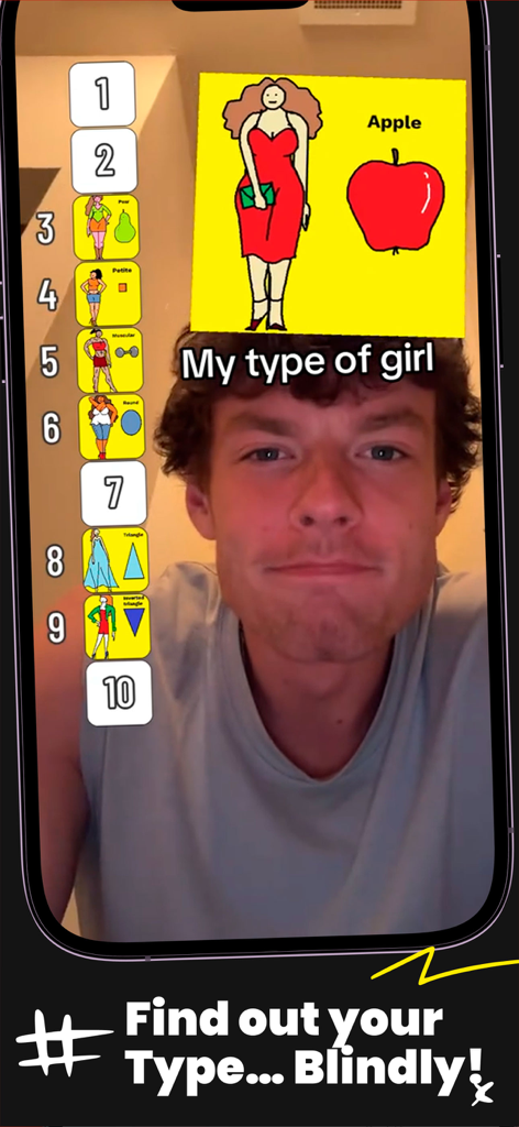 A young man participating in a viral blind ranking filter challenge on a mobile app.