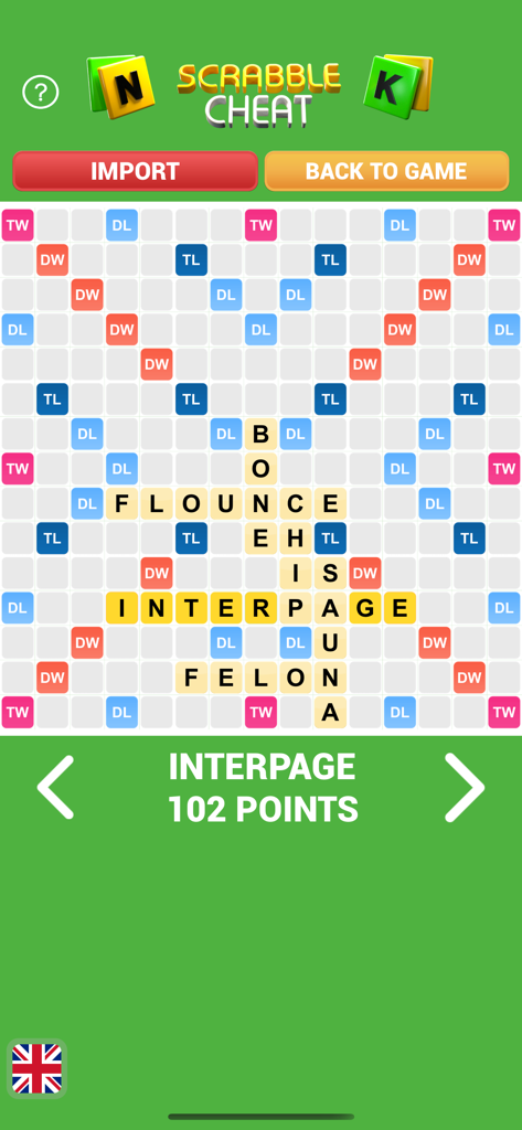 Solver for SC GO - Cheat - Scrabble cheat app interface displaying a high scoring word on the game board