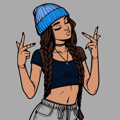 realistic teenage girl with braids and a beanie and crop top doing 🫶🏼