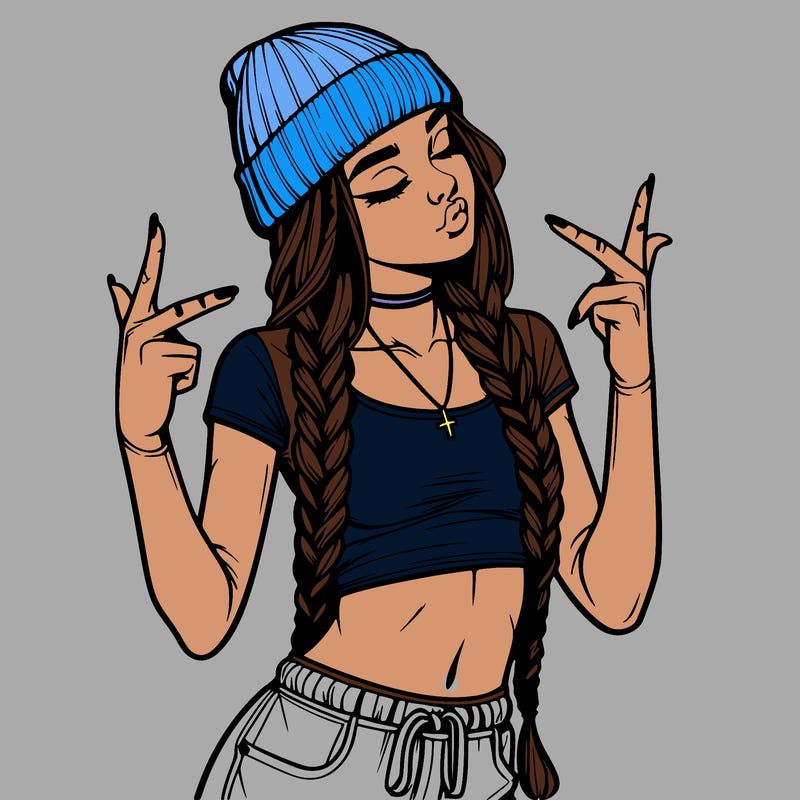 realistic teenage girl with braids and a beanie and crop top doing 🫶🏼