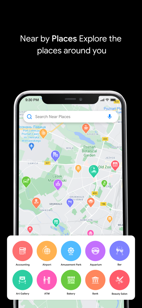 GPS Live Navigation & Live Map - GPS Live-Navigation App-Oberfläche, die Orte in der Nähe und Geschäftskategorien auf einer Karte anzeigt.