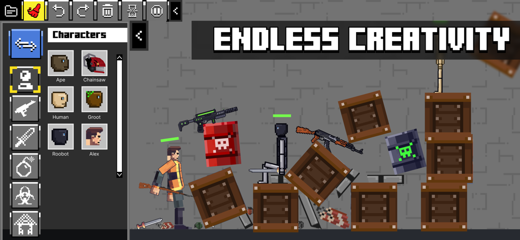 People Sandbox Workshop Gameplay-Bildschirm zeigt die Charakterauswahl und Pixel-Art-Physikobjekte mit dem Text Endlose Kreativität