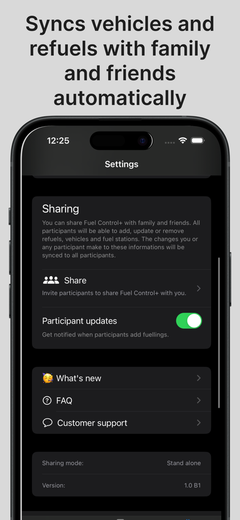 Fuel Tracker - Gas & Mileage - Pantalla de configuración de la aplicación Fuel Tracker que muestra opciones para sincronizar datos de vehículos y repostajes con familiares y amigos