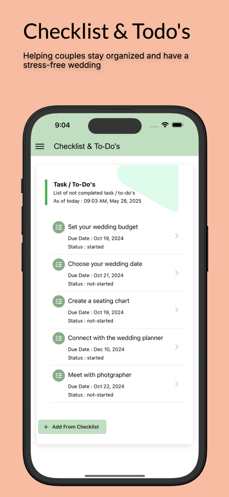 Interfaccia dell'app mobile che mostra una checklist per la pianificazione del matrimonio e una lista di cose da fare con lo stato dei compiti