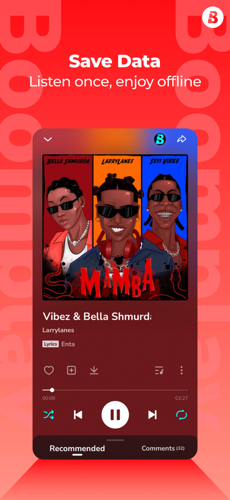 Boomplay music player interface featuring offline streaming and Afrobeats artists
