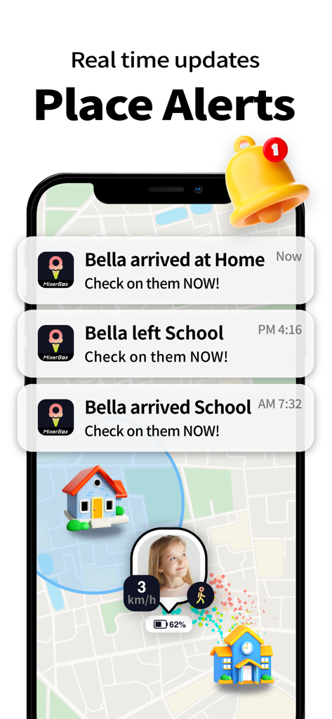 MixerBox BFF app screenshot showing real-time place notifications for arriving and leaving home or school on a social map.