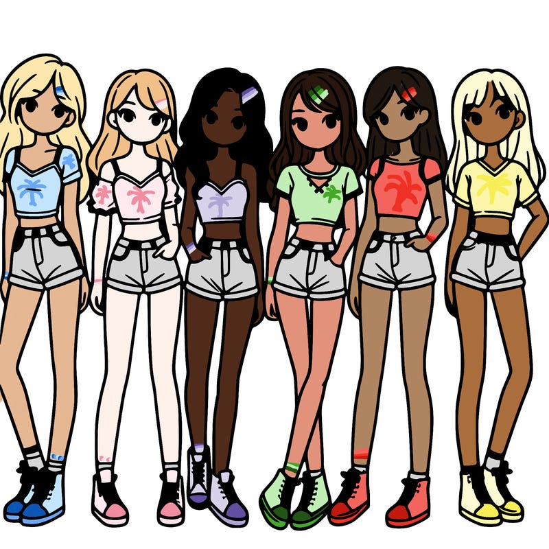 a group of girls wearing crop tops and shorts