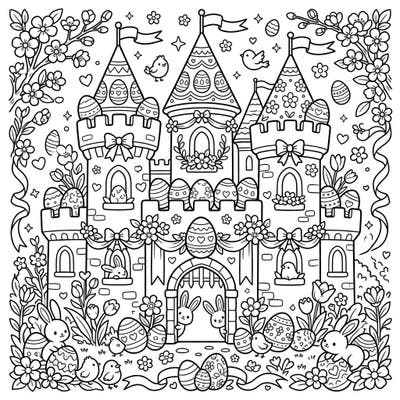Journey to a magical kingdom with our delightful Easter Castle Towers coloring page! This intricate design combines the grandeur of a castle with cheerful Easter eggs, cute bunnies, and vibrant spring flowers, perfect for a festive coloring session.