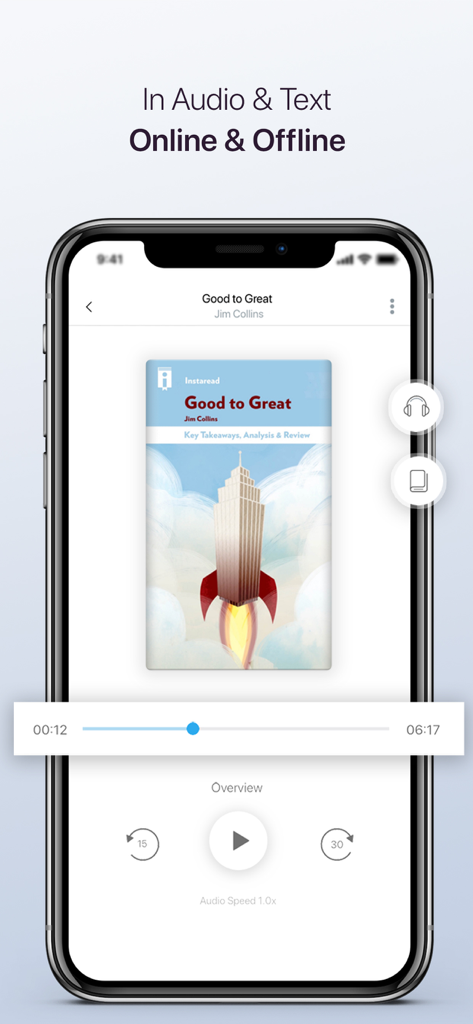 Audio player interface of the Instaread app featuring a book summary of Good to Great