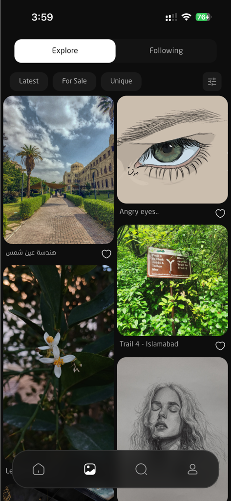 NOUV - Gallery of Masterpieces - Discovery feed in the NOUV app displaying diverse art pieces including photography and drawings.