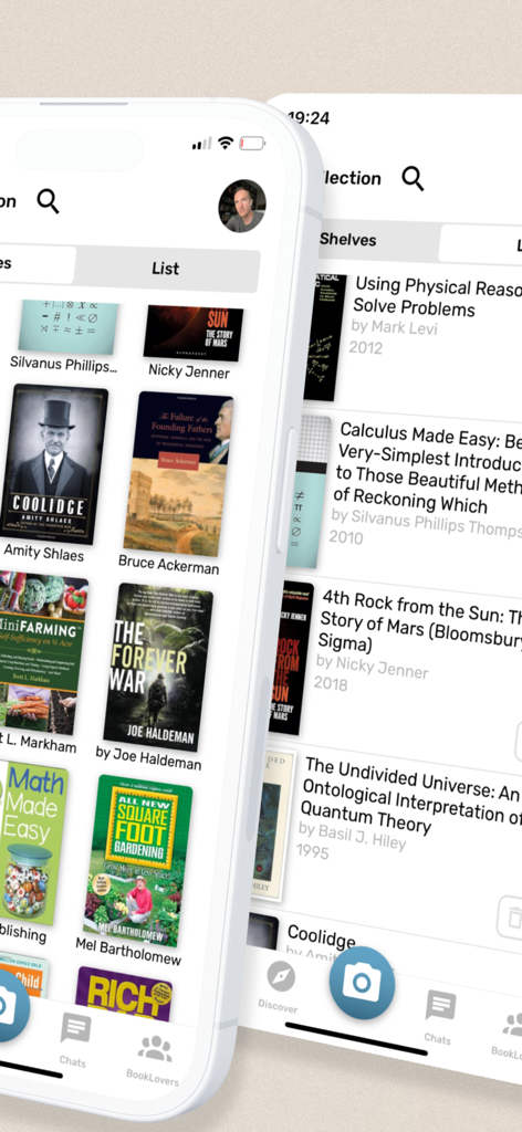 Smartphone screens displaying the Book Lover app digital bookshelf and reading list