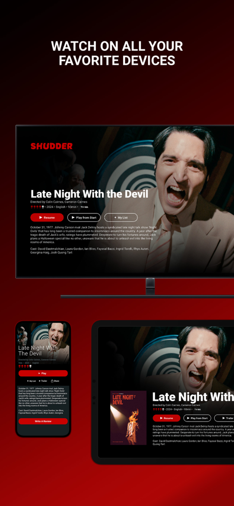Shudder: Horror & Thrillers - Shudder horror streaming app displayed on a TV, smartphone, and tablet featuring the movie Late Night With the Devil.
