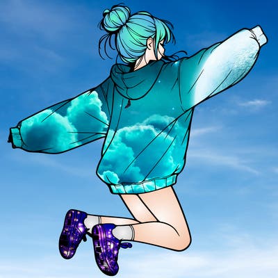 realistic girl jumping with a bun and oversized sweatshirt