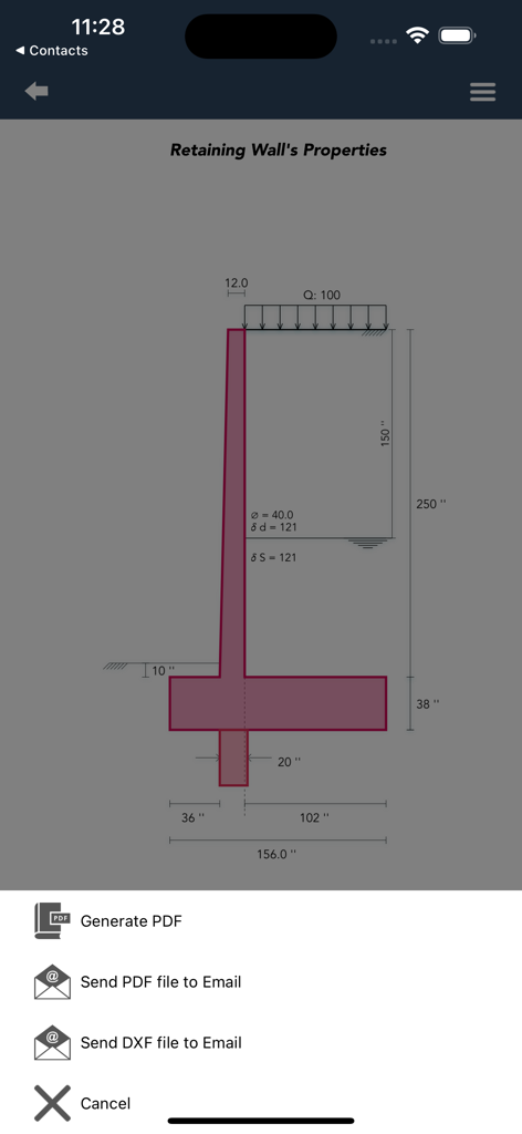 Diagrama técnico de la sección transversal de un muro de contención con opciones de menú para exportar archivos PDF y DXF