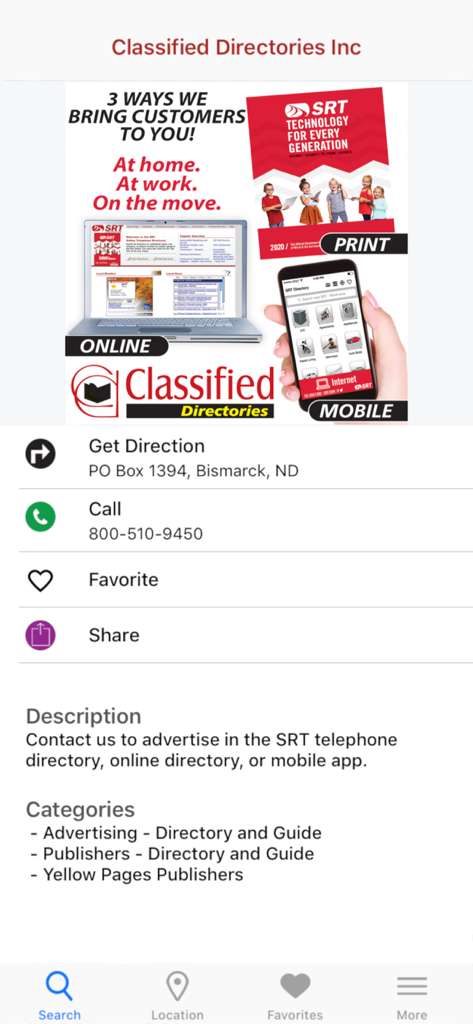 SRT Minot Phone Directory - Business profile page for Classified Directories Inc in the SRT Minot Phone Directory app